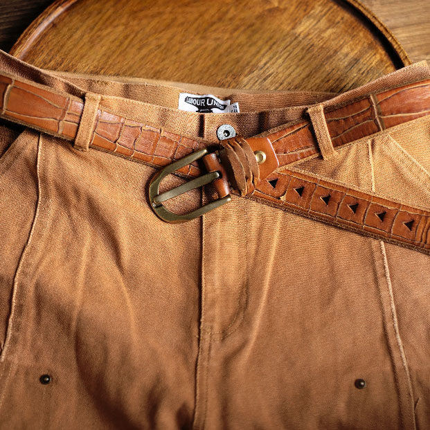 Men's Handmade Distressed Crocodile-Embossed Leather Belt