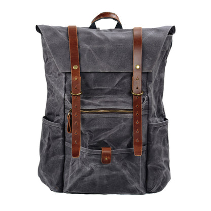 Vintage Waxed Canvas Leather Backpack Men Hiking Camping Rucksack