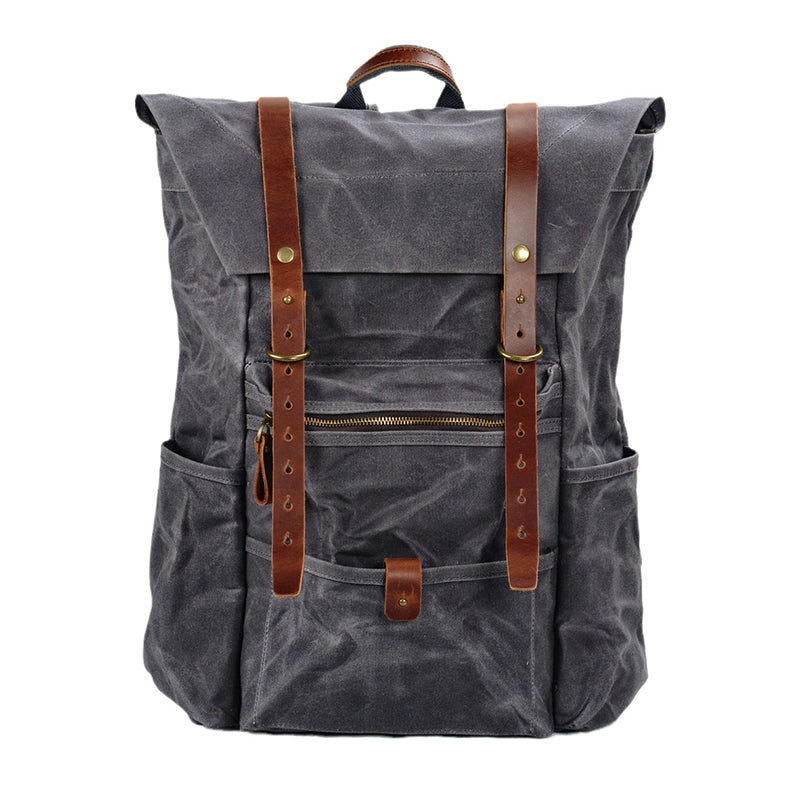 Vintage Waxed Canvas Leather Backpack Men Hiking Camping Rucksack