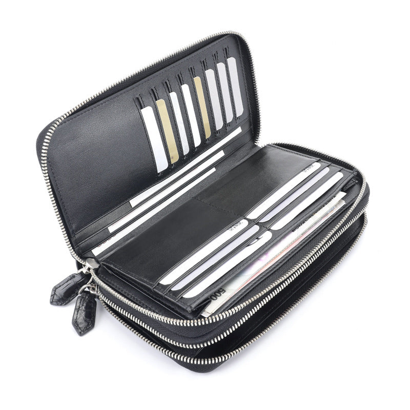 Luxury Crocodile Skin Long Wallet 8.7in Dual Zip Card Organizer