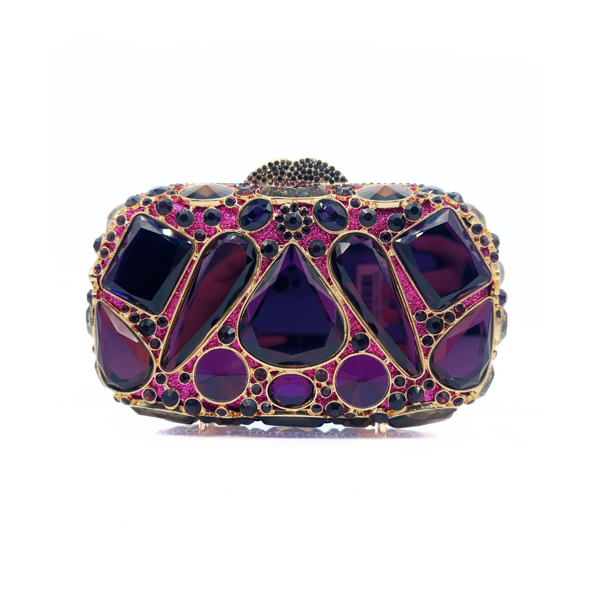 Rhinestone Evening Clutch Multi Color Jeweled Wedding Bag with ornate purple and pink gemstones.