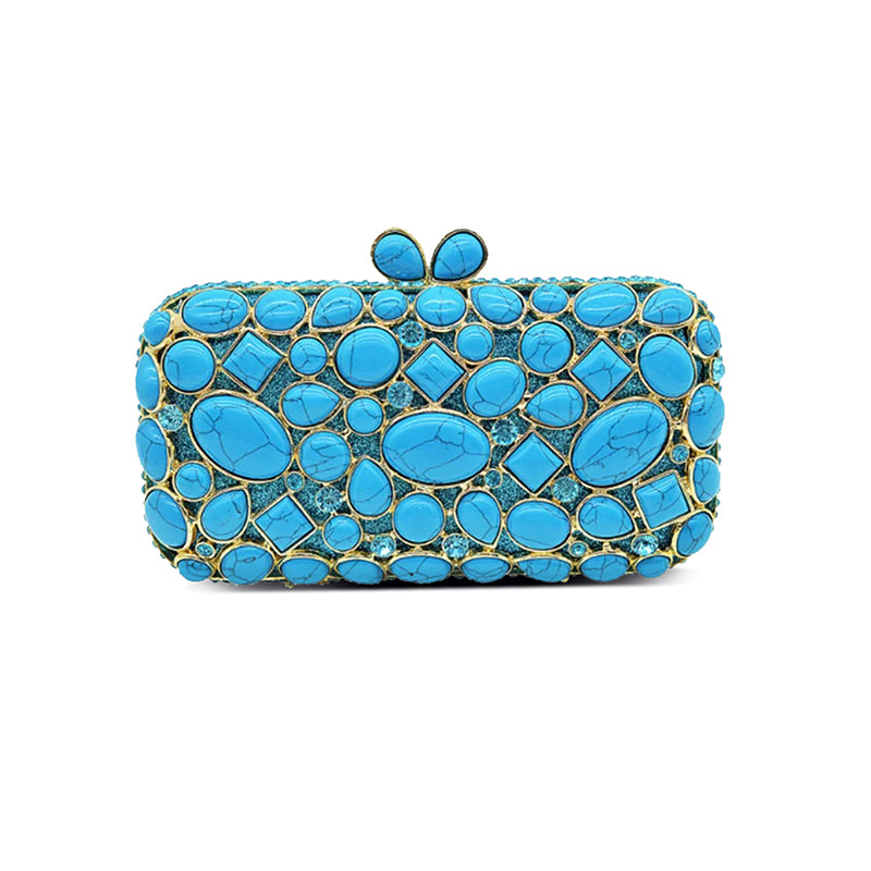 Agate Stone Evening Clutch with turquoise gemstones and rhinestones, elegant evening bag for weddings and parties.