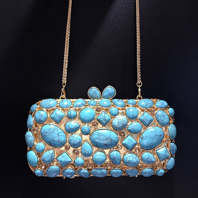 Agate Stone Evening Clutch with turquoise gemstones and rhinestones, perfect for wedding parties.