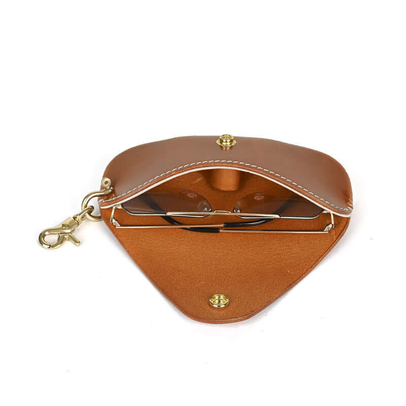 Italian Leather Glasses Case Handmade Vintage Sunglasses Holder open view showcasing interior and eyeglasses.