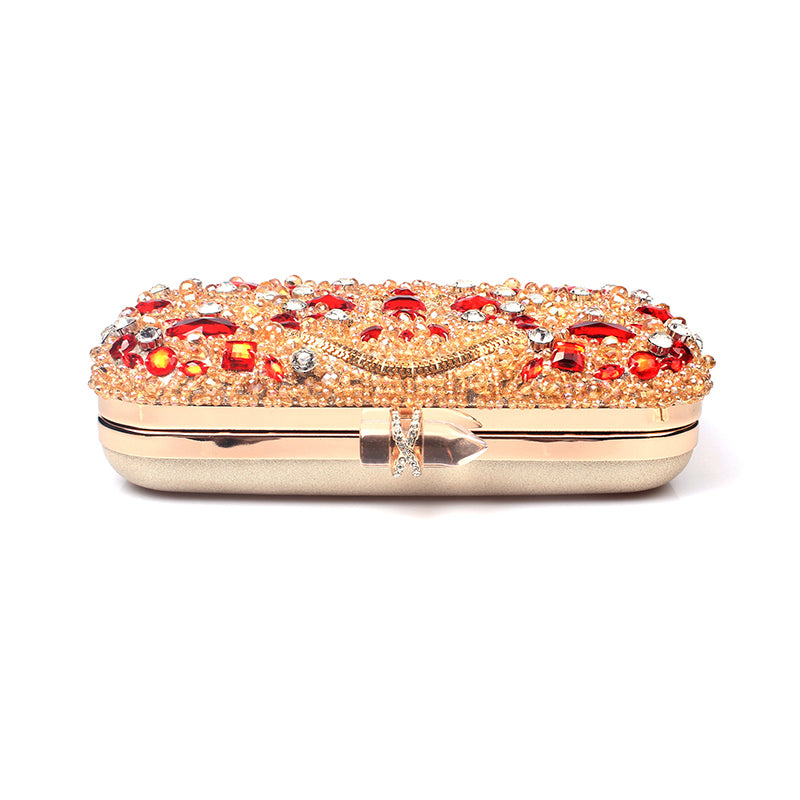 Gold Crystal Beaded Evening Clutch with rhinestones and colorful embellishments, perfect for weddings and parties.