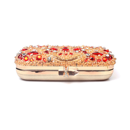 Gold Crystal Beaded Evening Clutch with rhinestones and colorful embellishments, perfect for weddings and parties.