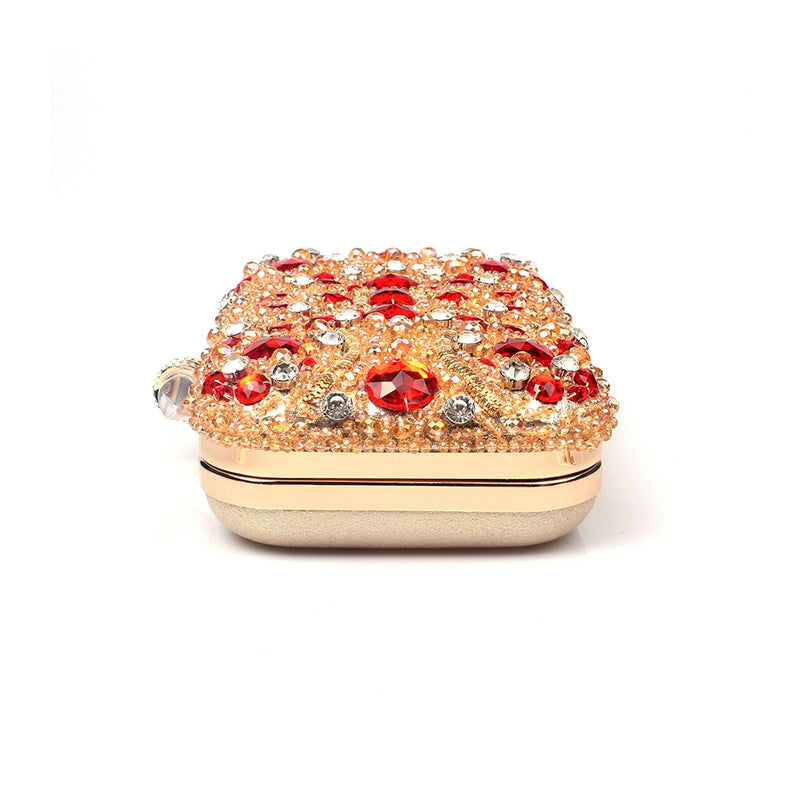 Gold Crystal Beaded Evening Clutch with rhinestone embellishments, stylish design for weddings and parties.