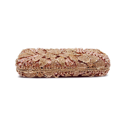 Gold Rhinestone Evening Clutch embellished with intricate crystal details, perfect for weddings and parties.