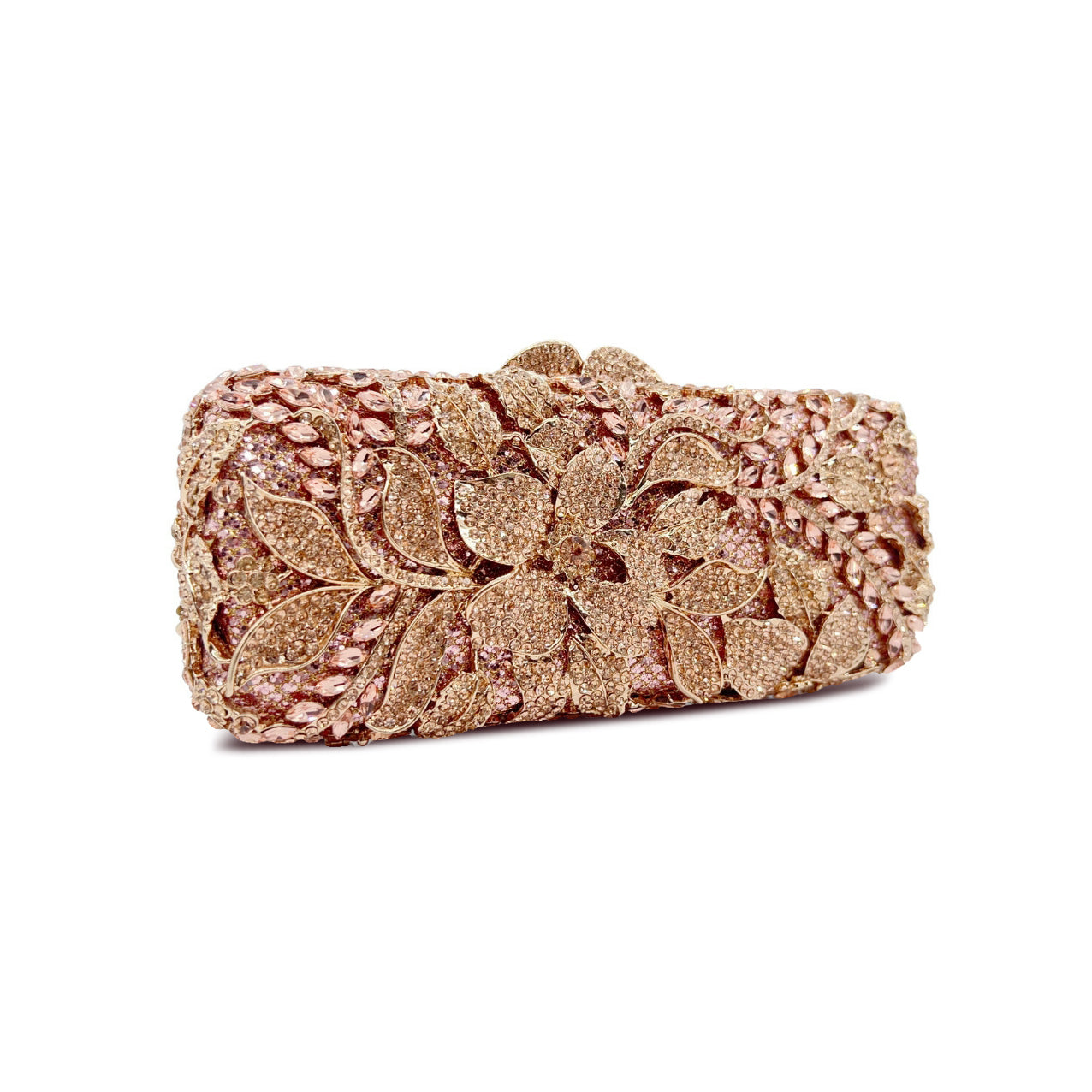 Gold Rhinestone Evening Clutch with floral design and crystal embellishments, perfect for weddings and parties.