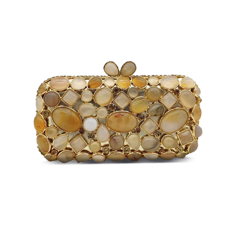 Agate Stone Evening Clutch embellished with rhinestones and gemstones, perfect for wedding parties.