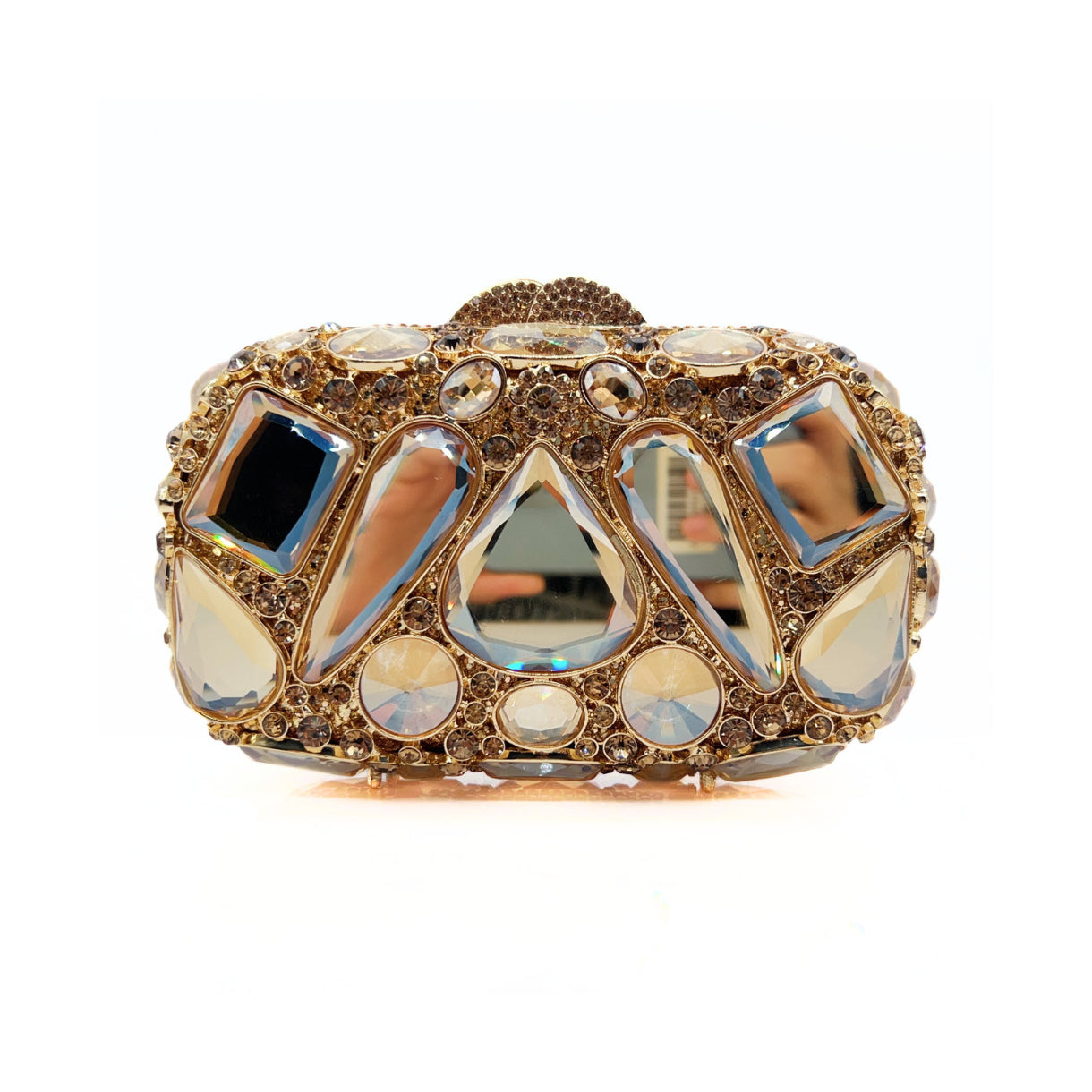 Rhinestone Evening Clutch Multi Color Jeweled Wedding Bag with intricate jeweled design and shiny embellishments.