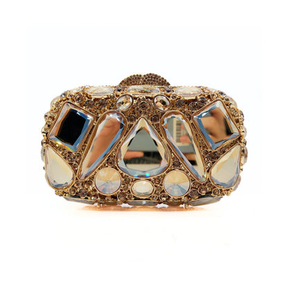 Rhinestone Evening Clutch Multi Color Jeweled Wedding Bag with various jewel designs and embellishments.