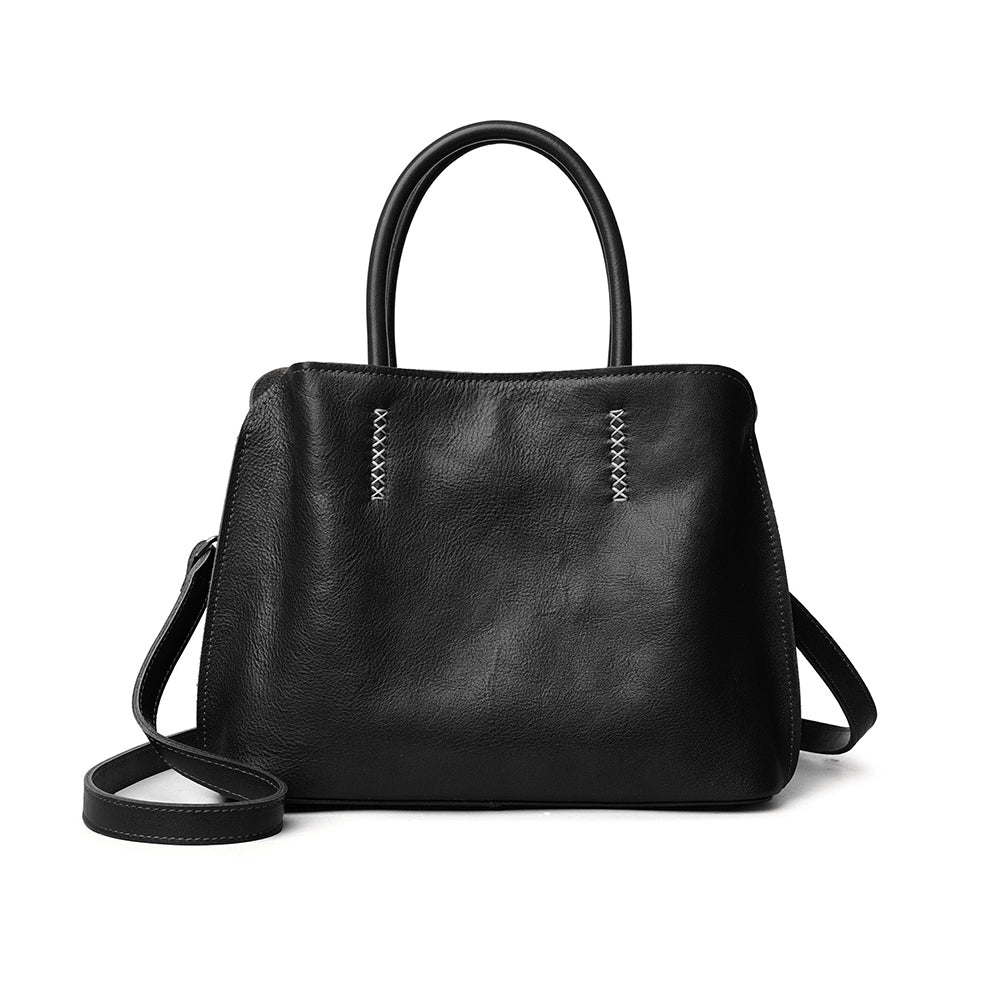 Leather Crossbody Bag Women 10.4in Multi Compartment Tote in black with dual handles and shoulder strap.