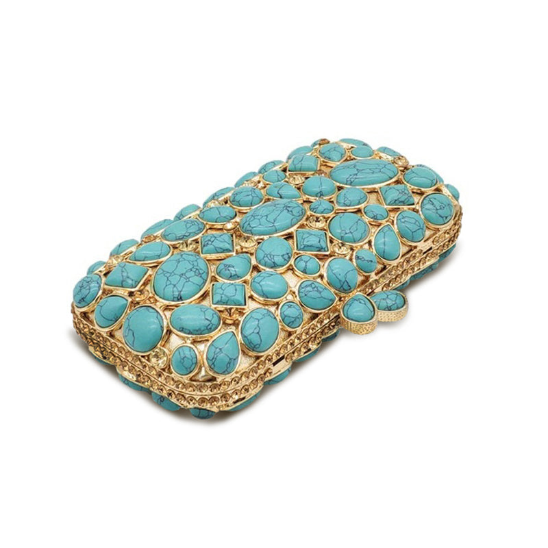 Agate Stone Evening Clutch adorned with turquoise rhinestone gemstones, perfect for weddings and parties.