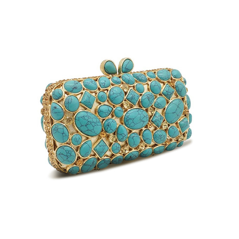 Agate Stone Evening Clutch with turquoise rhinestones, elegant gemstone bag for wedding parties.