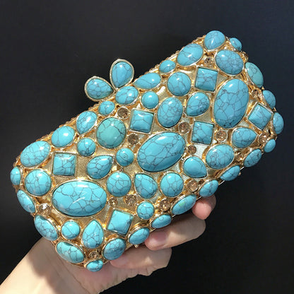 Agate Stone Evening Clutch with rhinestone gemstone embellishments, perfect for weddings and parties.