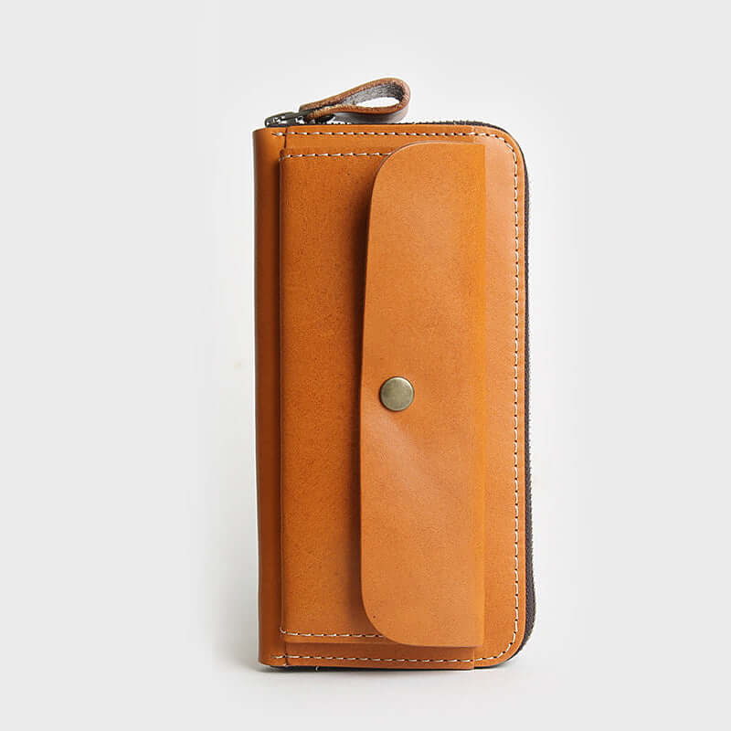 Full Grain Leather Zip Around Wallet Card Holder Phone Organizer in tan color with snap closure and zipper.