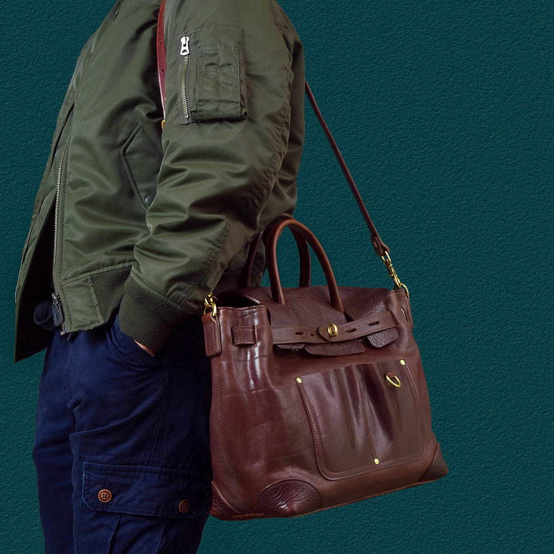 Vegetable-Tanned Leather Work Tote Laptop Briefcase Bag worn by a model, showcasing its sophisticated design and premium materials.