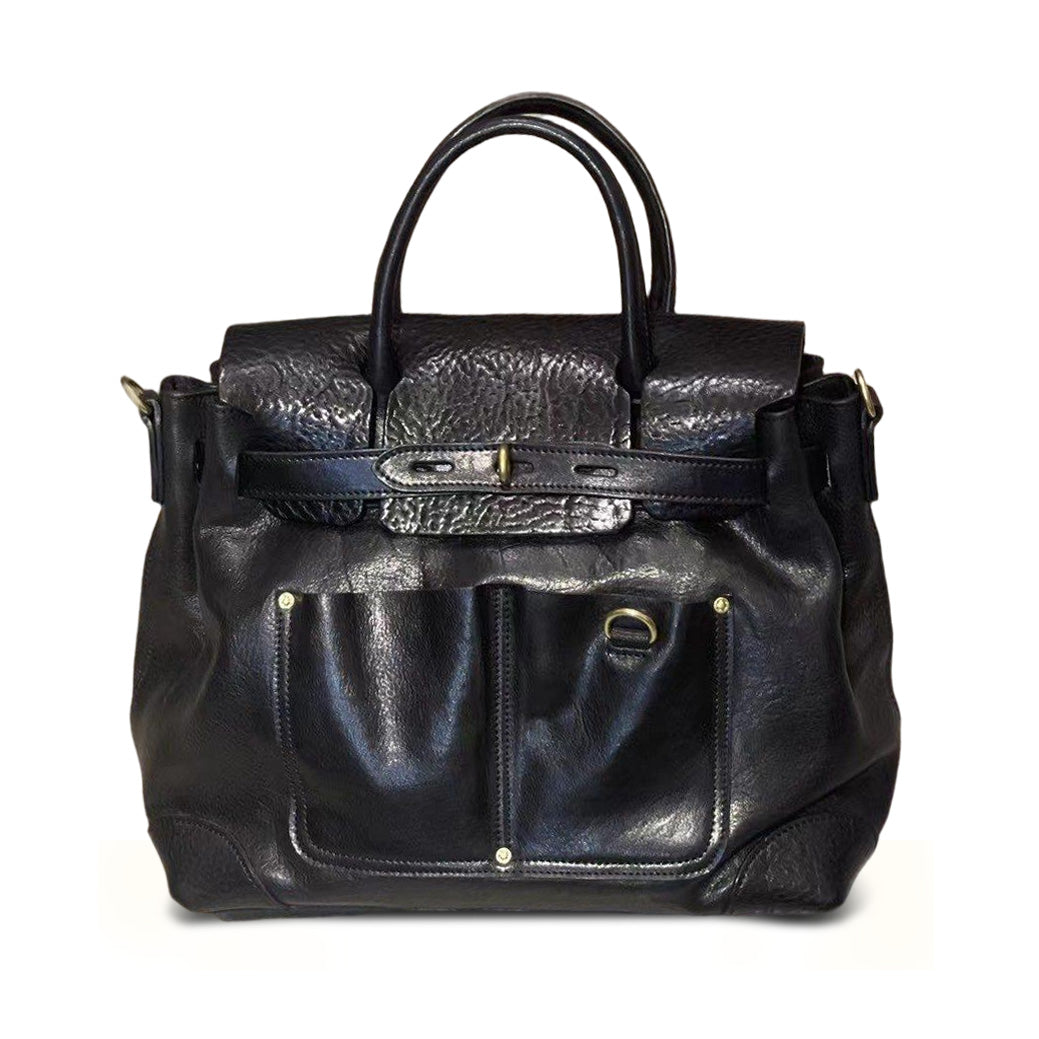 Vegetable-Tanned Leather Work Tote Laptop Briefcase Bag in black with stylish pockets and handles.