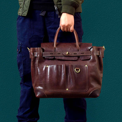 Vegetable-Tanned Leather Work Tote Laptop Briefcase Bag