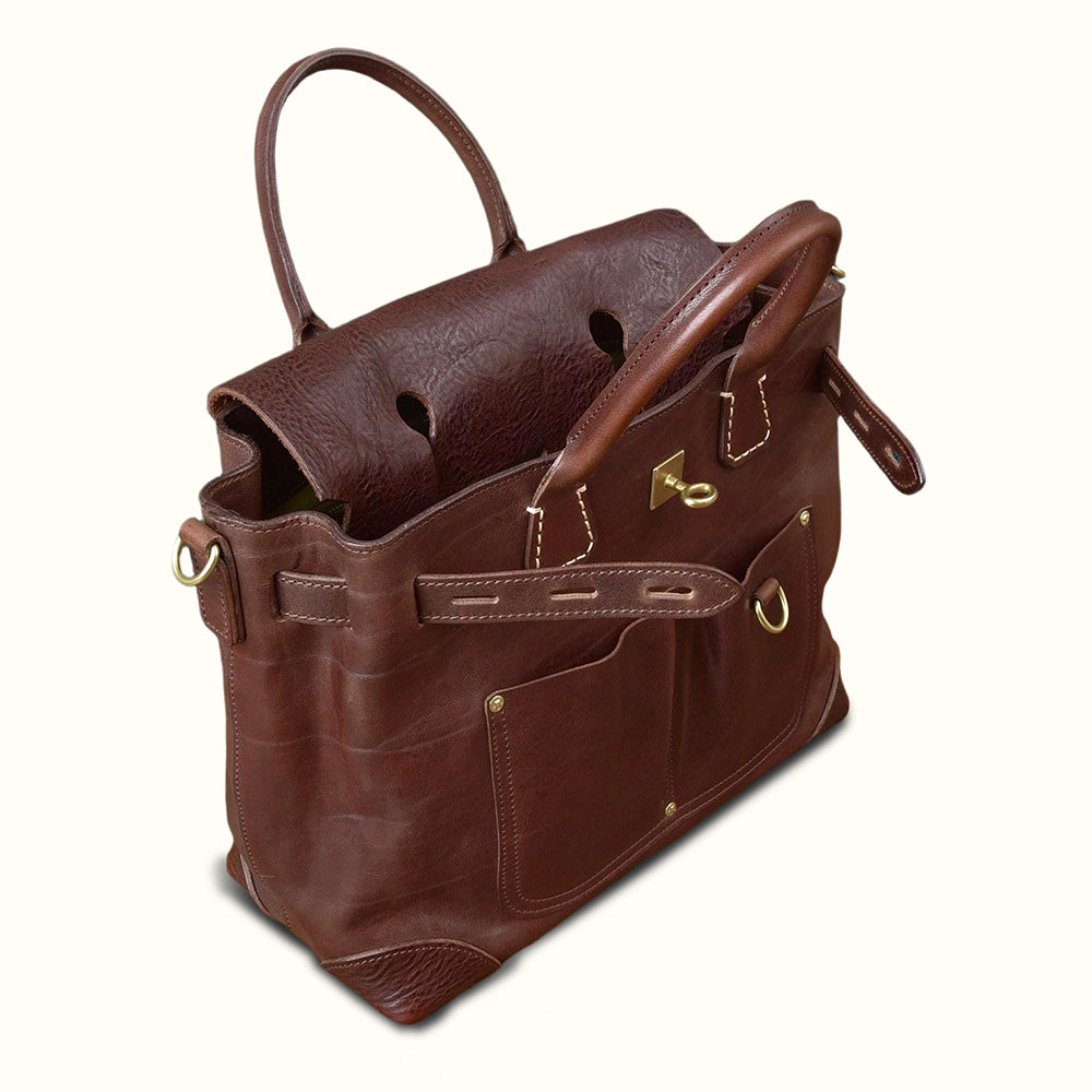 Vegetable-Tanned Leather Work Tote Laptop Briefcase Bag featuring premium Italian full-grain cowhide.