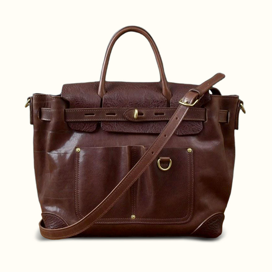 Vegetable-Tanned Leather Work Tote Laptop Briefcase Bag in rich brown leather with structured silhouette and adjustable strap.