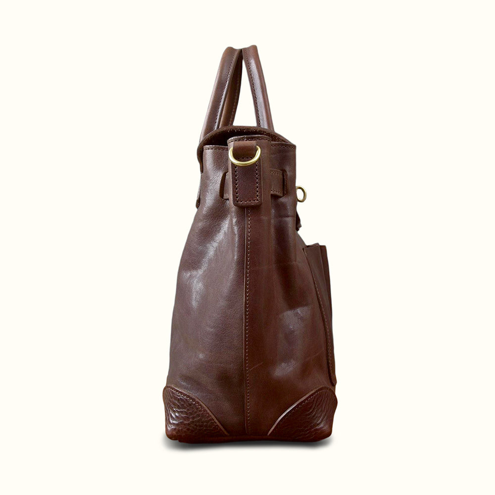Vegetable-Tanned Leather Work Tote Laptop Briefcase Bag side view showing premium Italian leather craftsmanship.