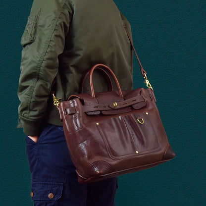 Vegetable-Tanned Leather Work Tote Laptop Briefcase Bag carried by a person in a stylish outfit.