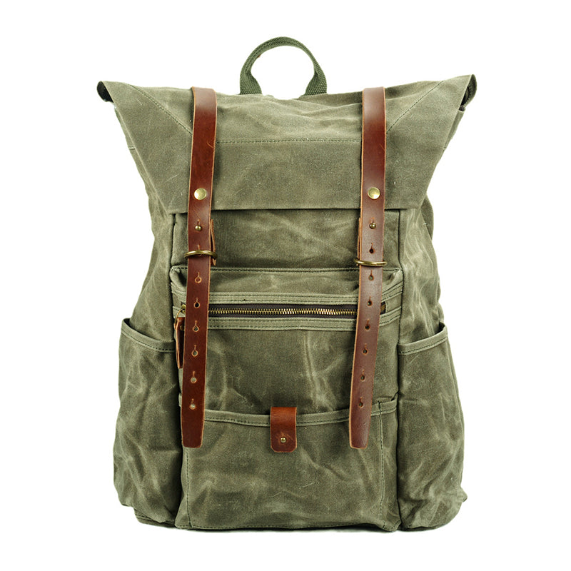 Vintage Waxed Canvas Leather Backpack Men Hiking Camping Rucksack