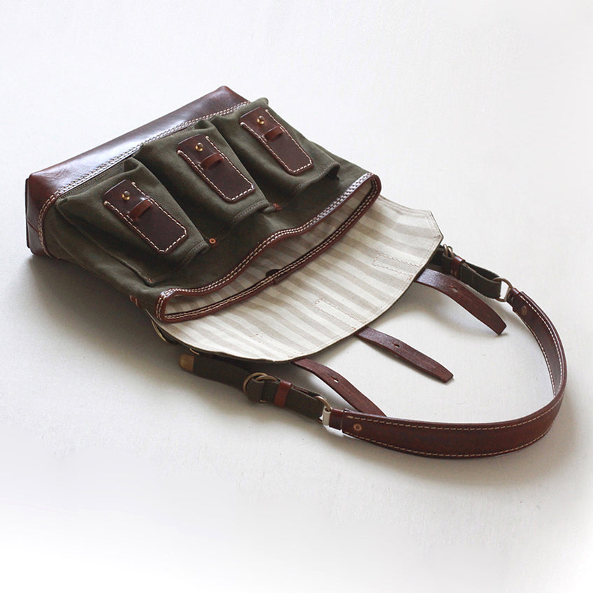 Canvas Leather Messenger Bag interior view showing pockets and vintage design features.