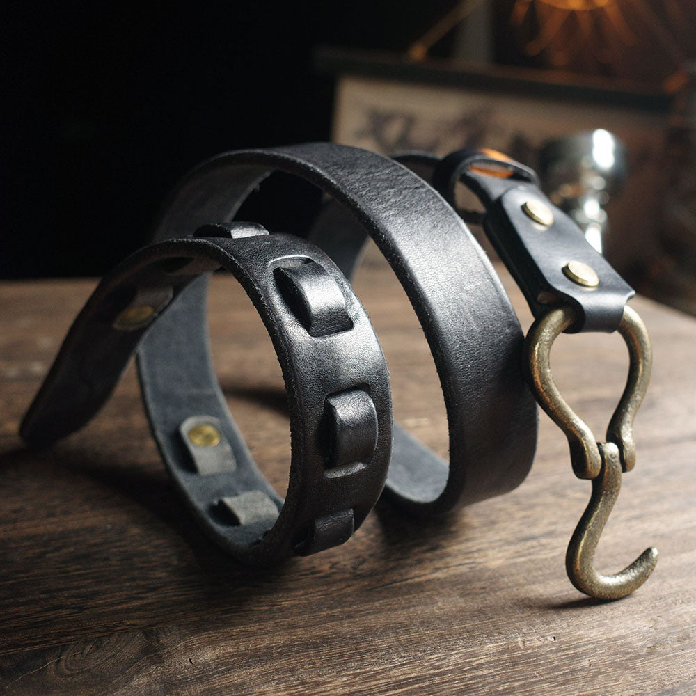 Vintage Italian Leather Cavalry Belt with Brass Hook