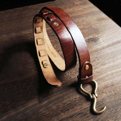 Vintage Italian Leather Cavalry Belt with Brass Hook