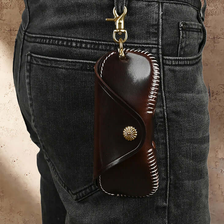 Italian Leather Glasses Case Handmade Vintage Sunglasses Holder attached to jeans, showcasing premium craftsmanship.