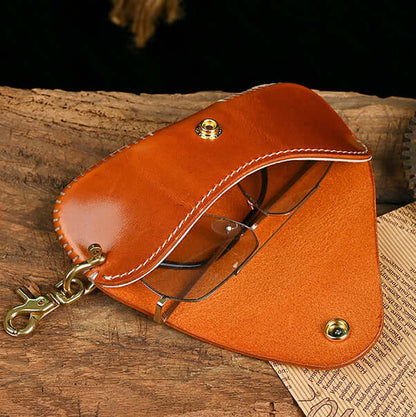 Italian Leather Glasses Case Handmade Vintage Sunglasses Holder open view displaying eyeglasses inside