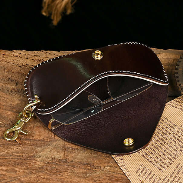 Italian Leather Glasses Case Handmade Vintage Sunglasses Holder open, displaying glasses inside on wood background.