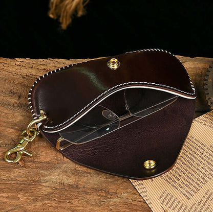 Italian Leather Glasses Case Handmade Vintage Sunglasses Holder open, displaying glasses inside on wood background.