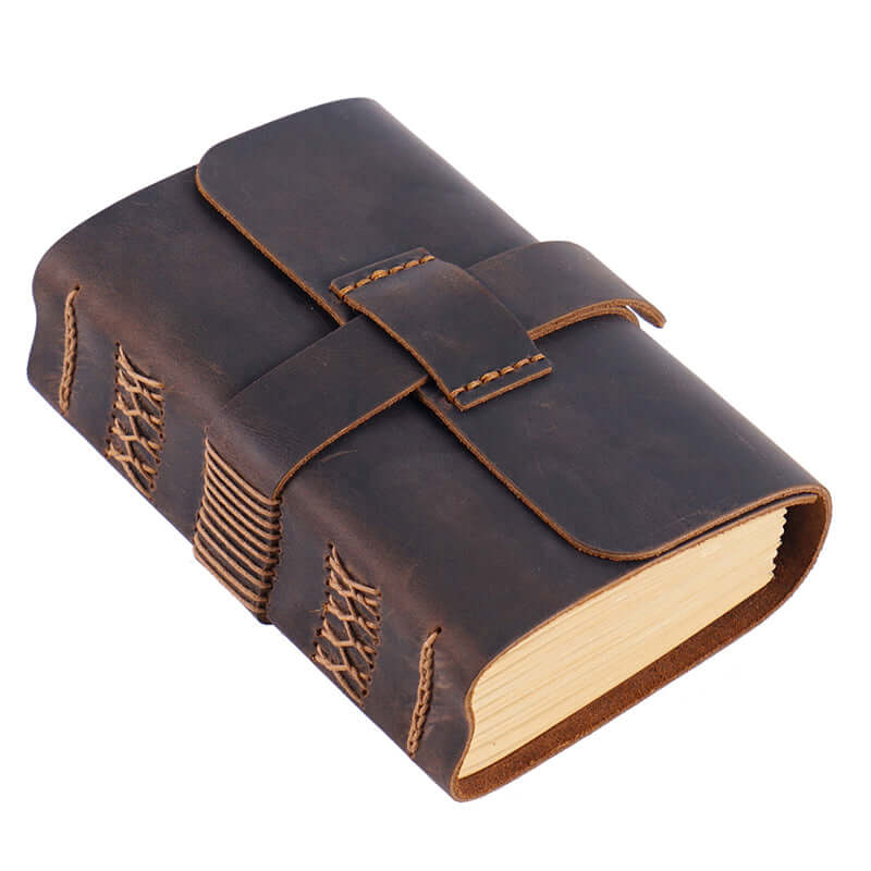 Handmade Leather Journal Thick Notebook Travel Diary Gift 6.5in - brown leather cover with embossed pattern and elastic closure.