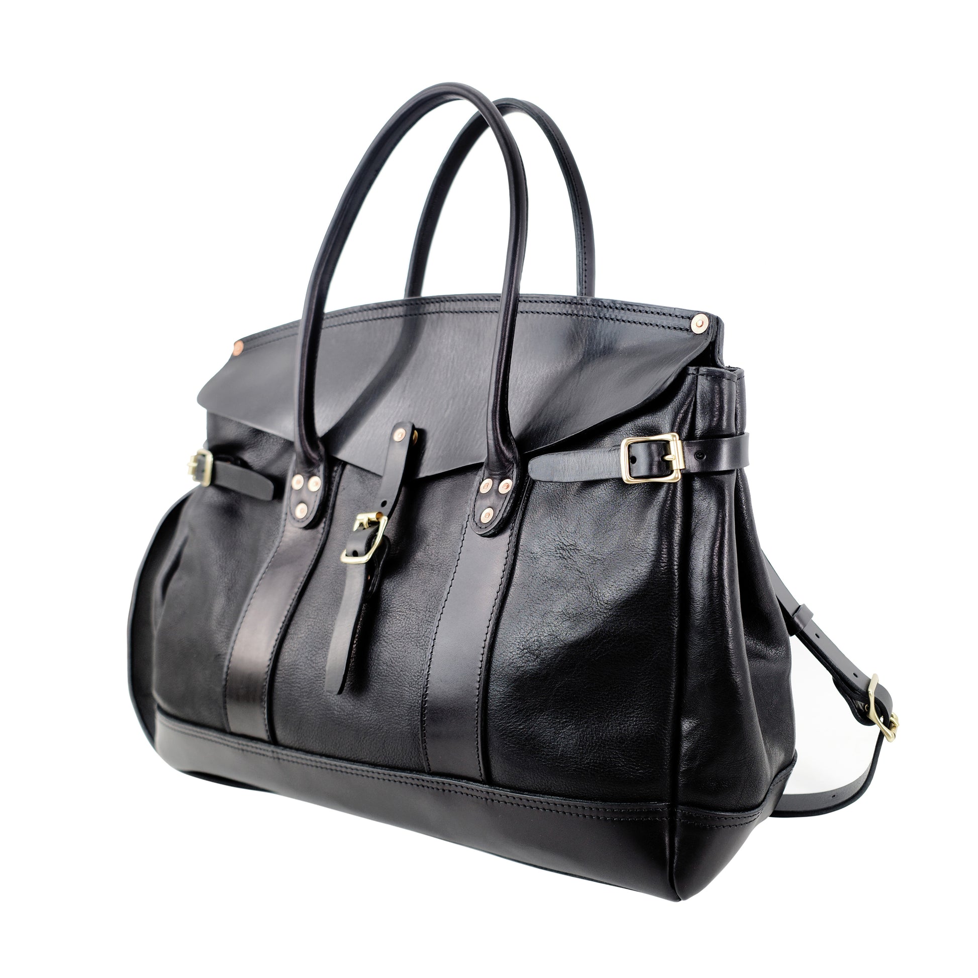 Stylish Italian Leather Travel Bag 17.7in Large Laptop Tote Weekender Briefcase in black.