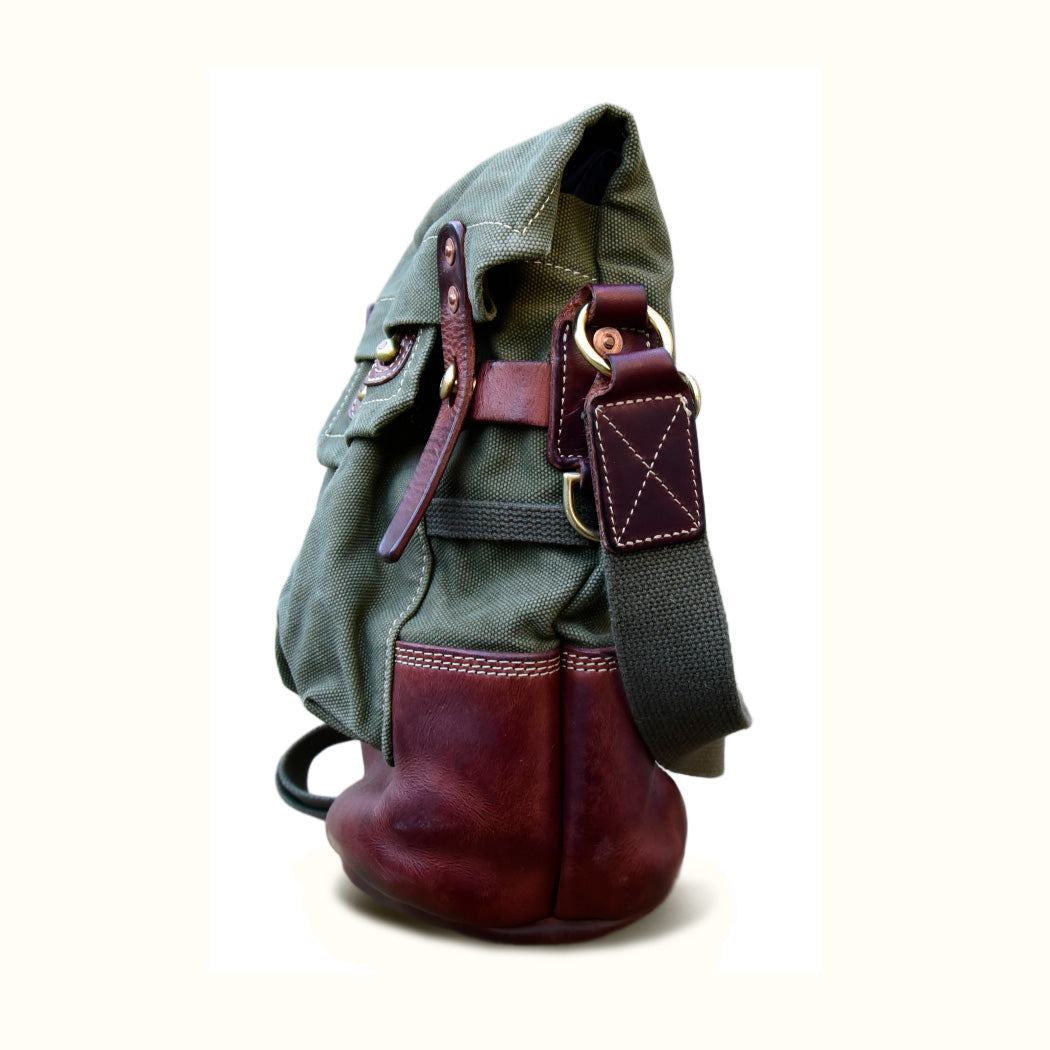 Canvas Crossbody Bag in Italian Leather Vintage Military Style side view with waxed canvas and leather accents.