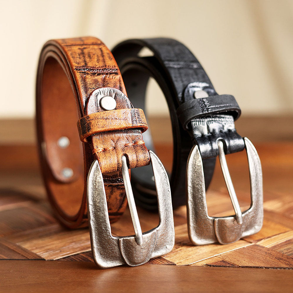 Vintage Western Crocodile-Embossed Italian Leather Belt