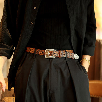 Vintage Western Crocodile-Embossed Italian Leather Belt