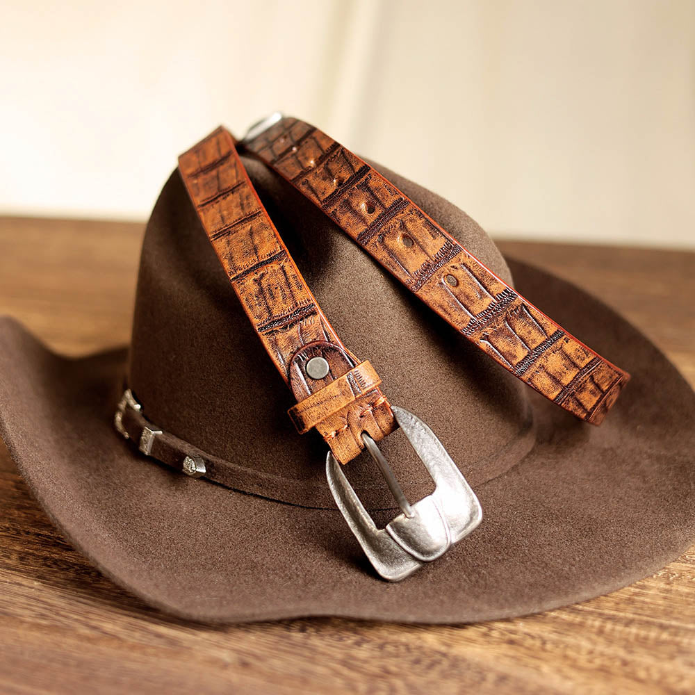 Vintage Western Crocodile-Embossed Italian Leather Belt