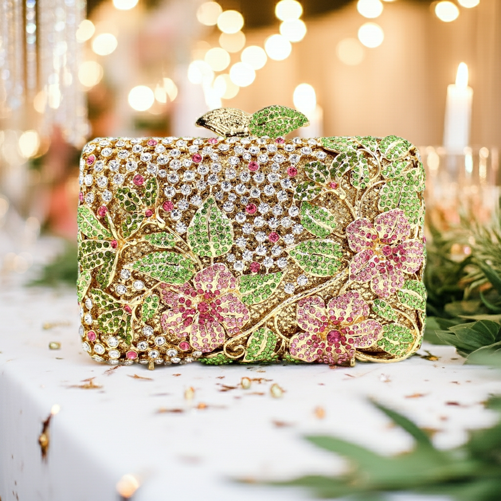 Blooming Pink Flowers Rhinestone Evening Bag,Wedding Clutch with shiny rhinestones and floral design on a table.