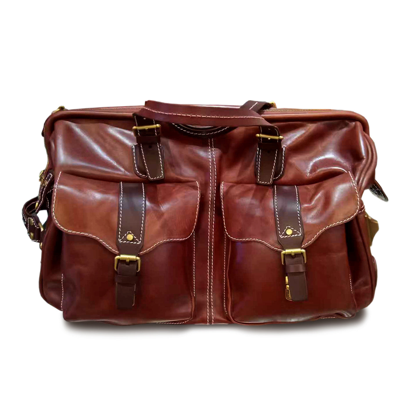 Handmade Leather Travel Bag With Wheels – 23.6in rolling duffel luggage with brown leather exterior and two front pockets.