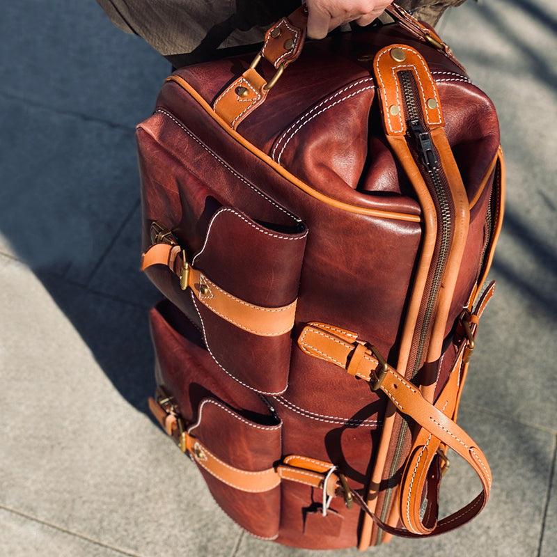 Handmade Leather Travel Bag With Wheels detailed view, showcasing premium craftsmanship and design features.
