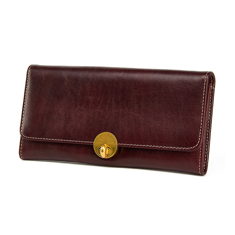 Leather Long Wallet Women Turn Lock Card Slots Phone Slot Purse in dark brown premium leather with a gold turn lock.