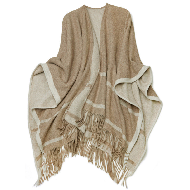 Women’s Quiet Luxury Lambswool Fringe Cape Shawl 66.9in