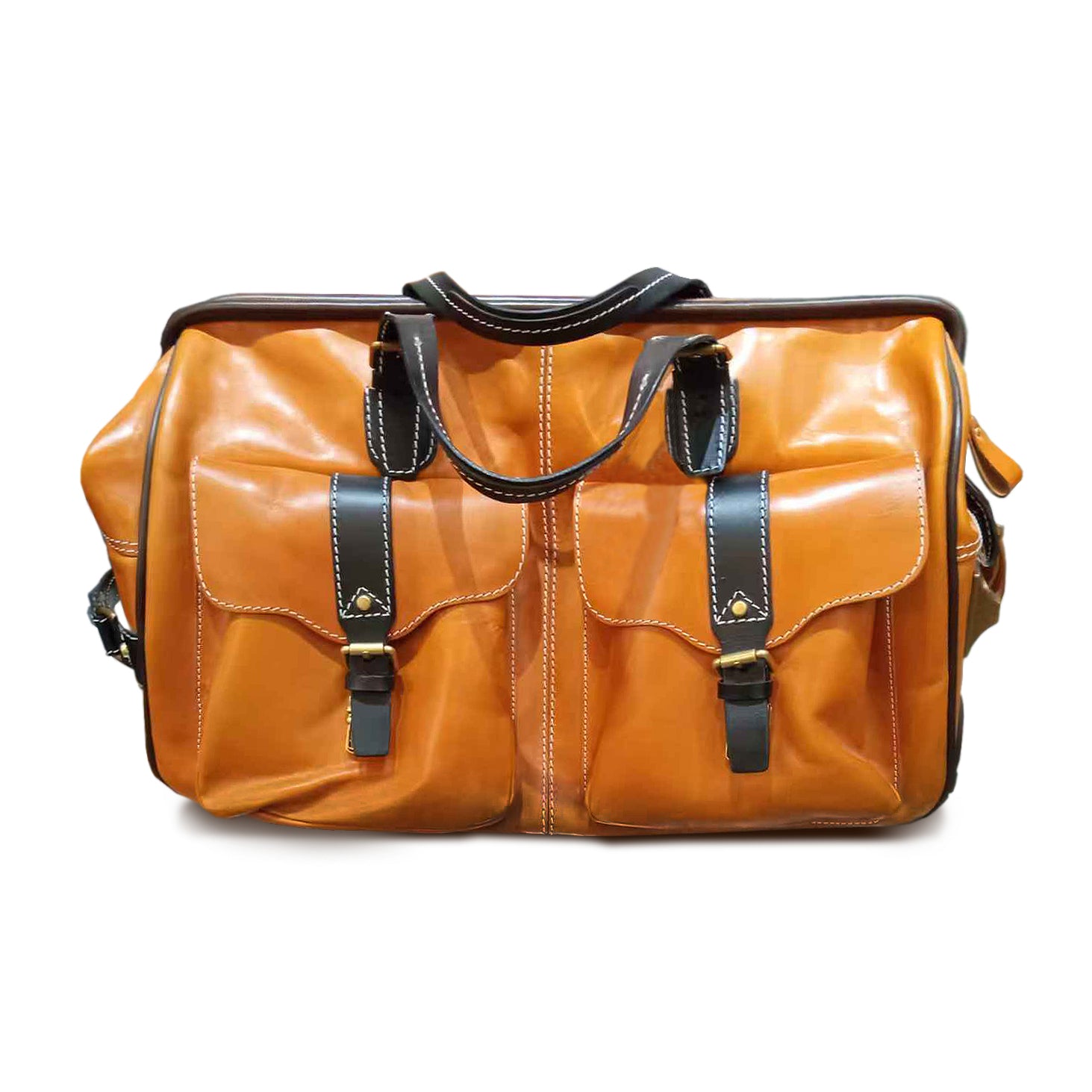 Handmade Leather Travel Bag With Wheels, brown leather duffel with pockets and sturdy handles.